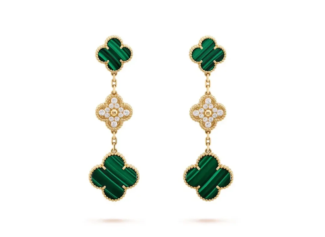 Van Cleef  Arpels Alhambra Green and Pave-Effect Three-Motif Gold-Tone Drop Earrings product view 1
