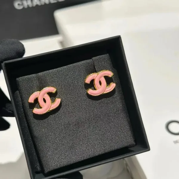 Chanel Enamel CC Stud Earrings Pink and Gold-Tone product photo