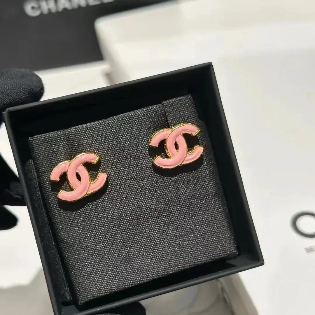 Chanel Enamel CC Stud Earrings Pink and Gold-Tone product view 1