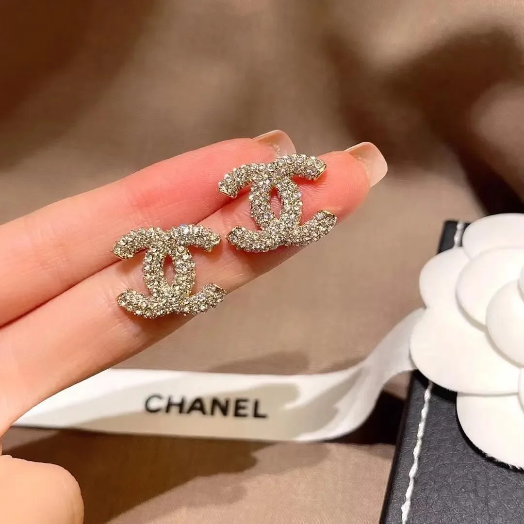 Chanel Full Pavé CC Stud Earrings Gold-Tone product view 1