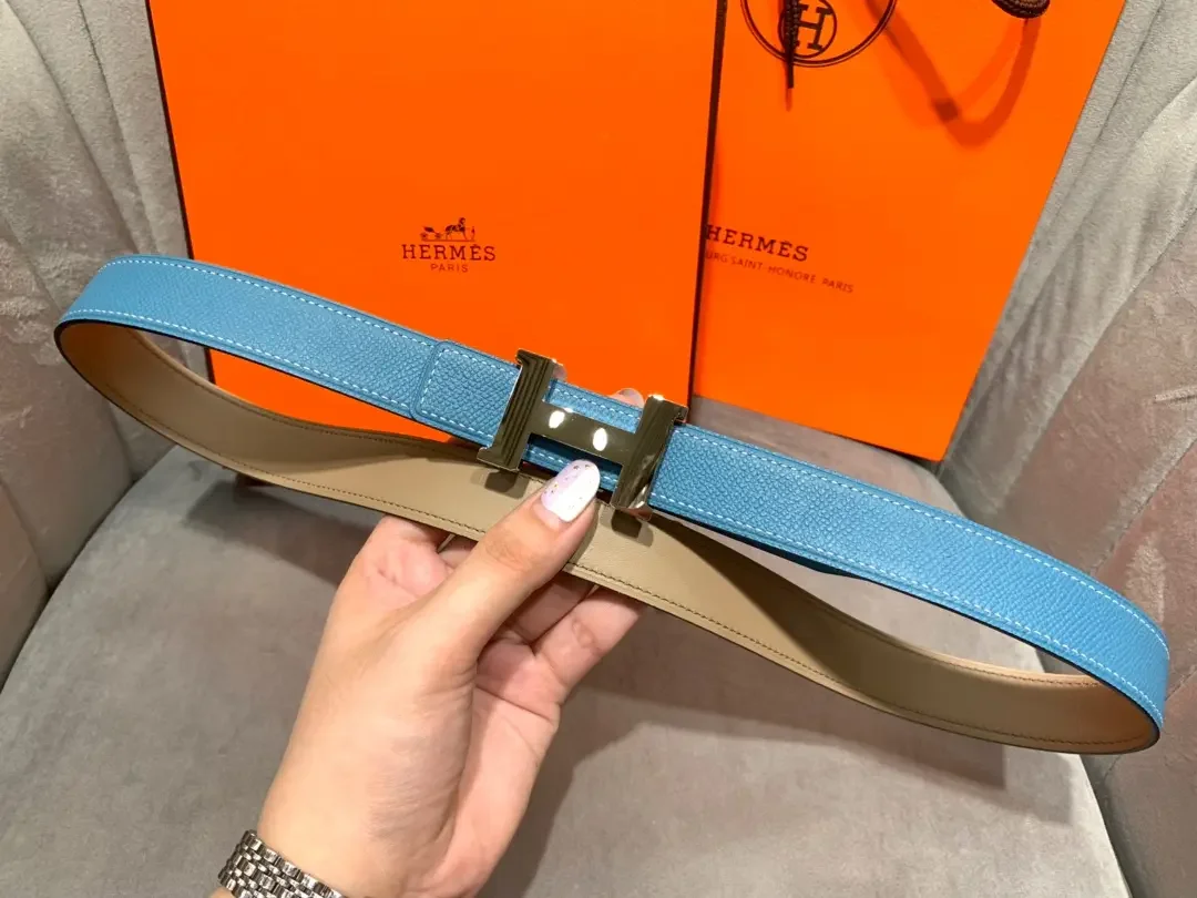 Hermès Blue/Taupe Reversible Belt with Silver-Tone Wide H Buckle product view 5
