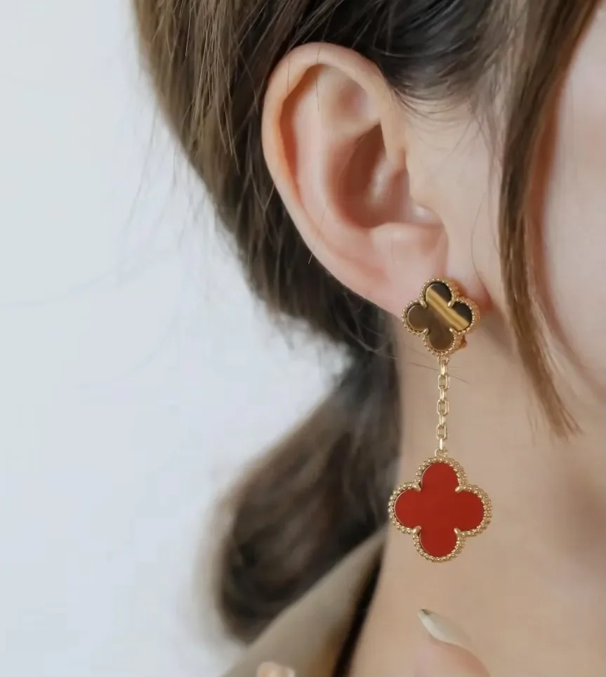 Van Cleef  Arpels Alhambra Brown and Red Two-Motif Gold-Tone Drop Earrings product view 6