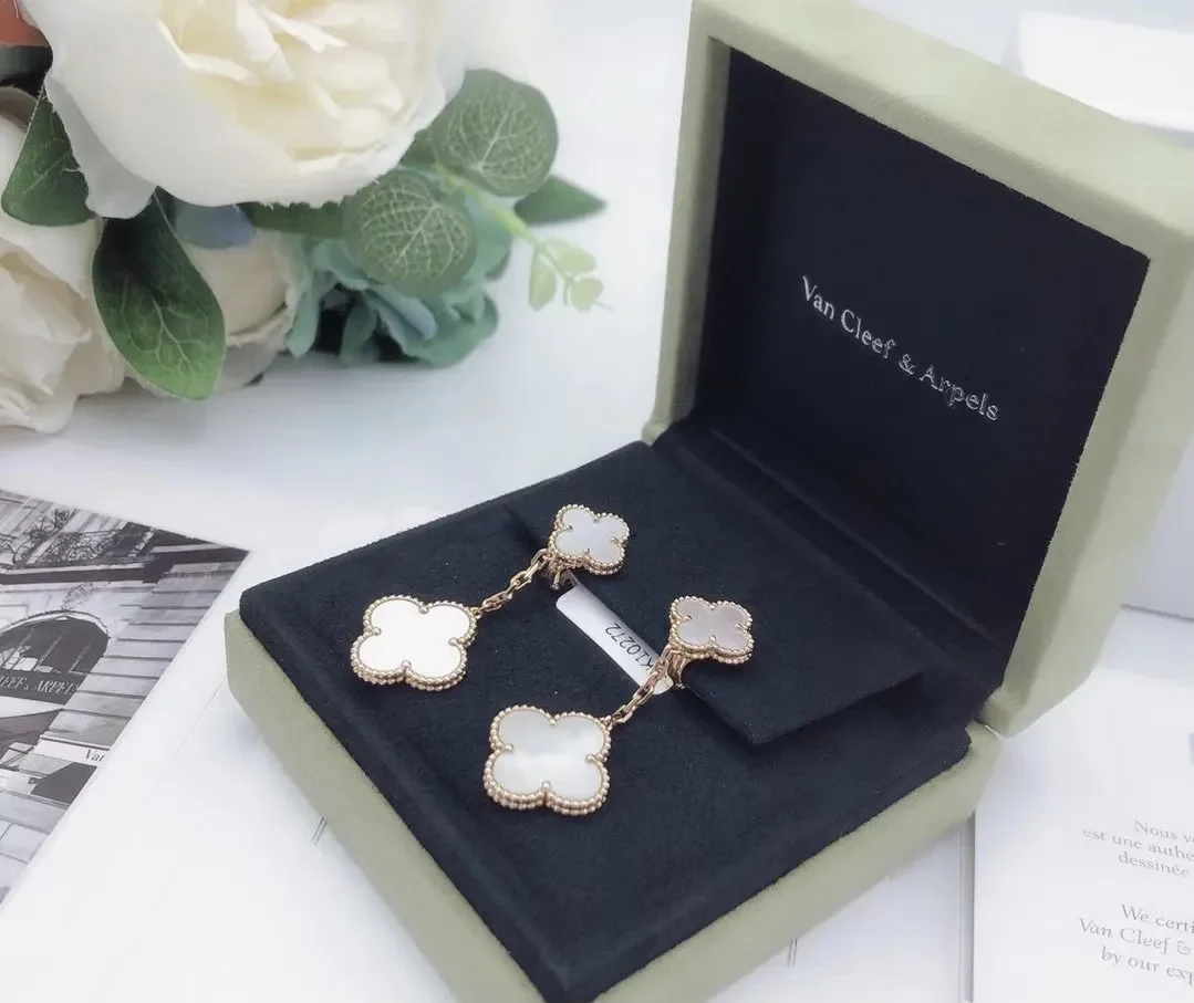 Van Cleef  Arpels Alhambra White Two-Motif Gold-Tone Drop Earrings product view 6