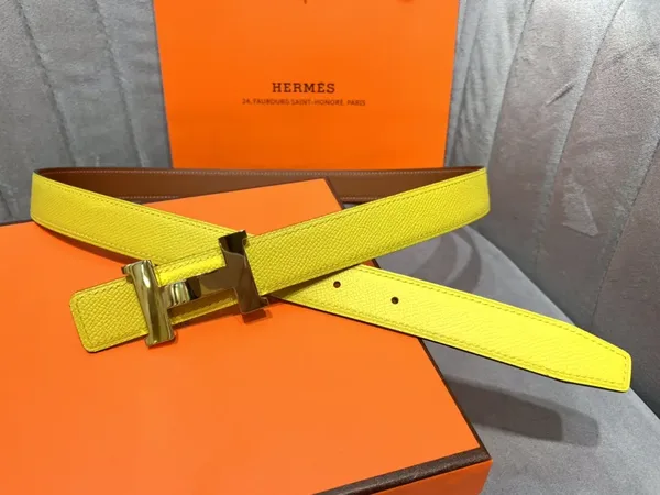 Hermès Yellow/Brown Reversible Belt with Gold-Tone Wide H Buckle product view 3