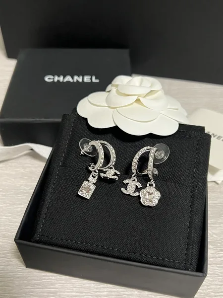 Chanel Asymmetric Perfume Bottle and Camellia Charm Earrings Silver-Tone product photo