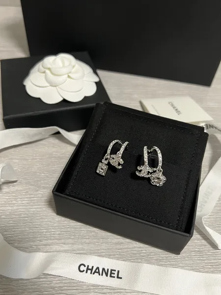 Chanel Asymmetric Perfume Bottle and Camellia Charm Earrings Silver-Tone product view 5