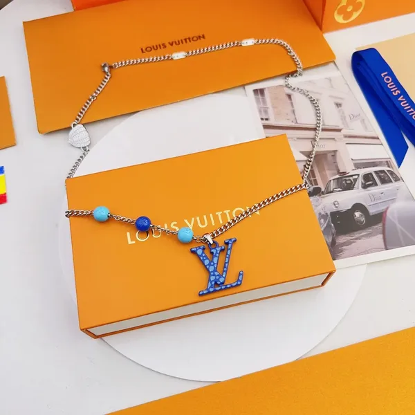 Louis Vuitton Dotted LV Monogram Bead Necklace Silver-Tone with Blue Beads product view 5