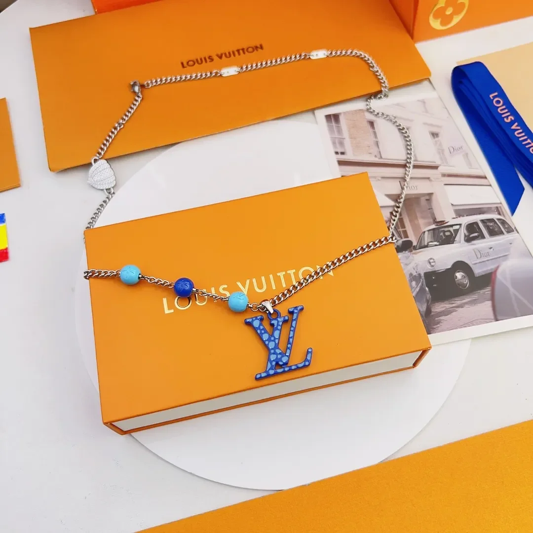 Louis Vuitton Dotted LV Monogram Bead Necklace Silver-Tone with Blue Beads product view 5