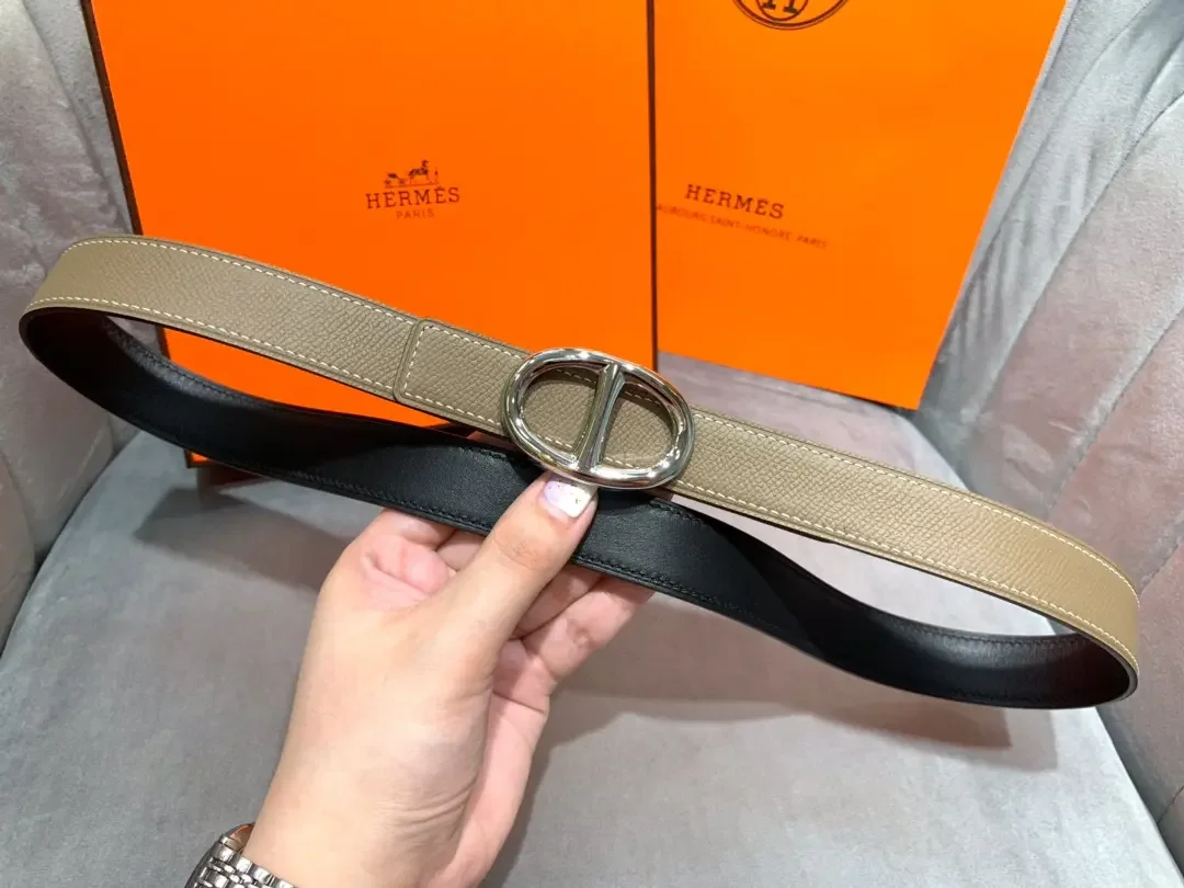 Hermès Taupe/Black Reversible Belt with Silver-Tone Oval Buckle product view 7