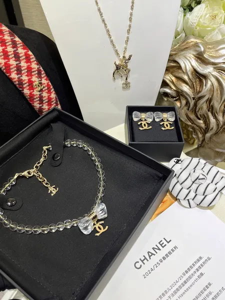 Chanel Clear Bead Bow CC Pendant Necklace Silver-Tone product view 2