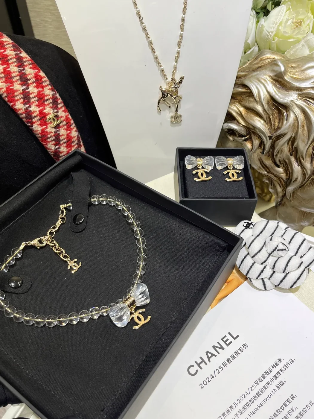 Chanel Clear Bead Bow CC Pendant Necklace Silver-Tone product view 2