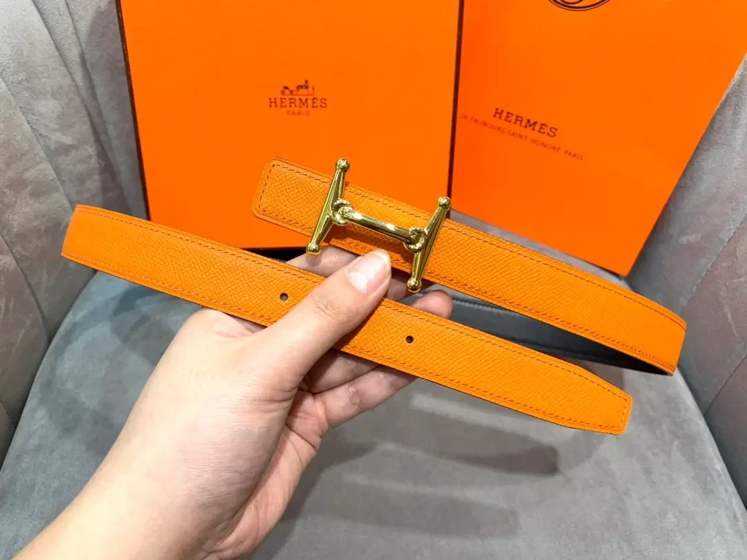 Hermès Orange/Black Reversible Belt with Gold-Tone Stirrup-Style H Buckle product view 3