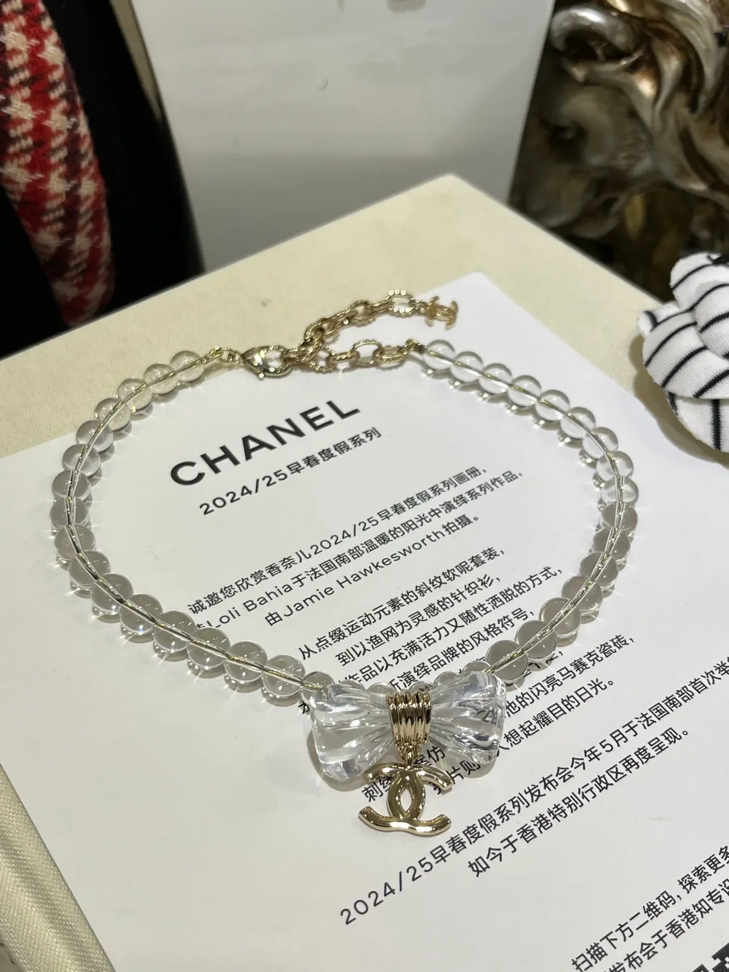 Chanel Clear Bead Bow CC Pendant Necklace Silver-Tone product view 4