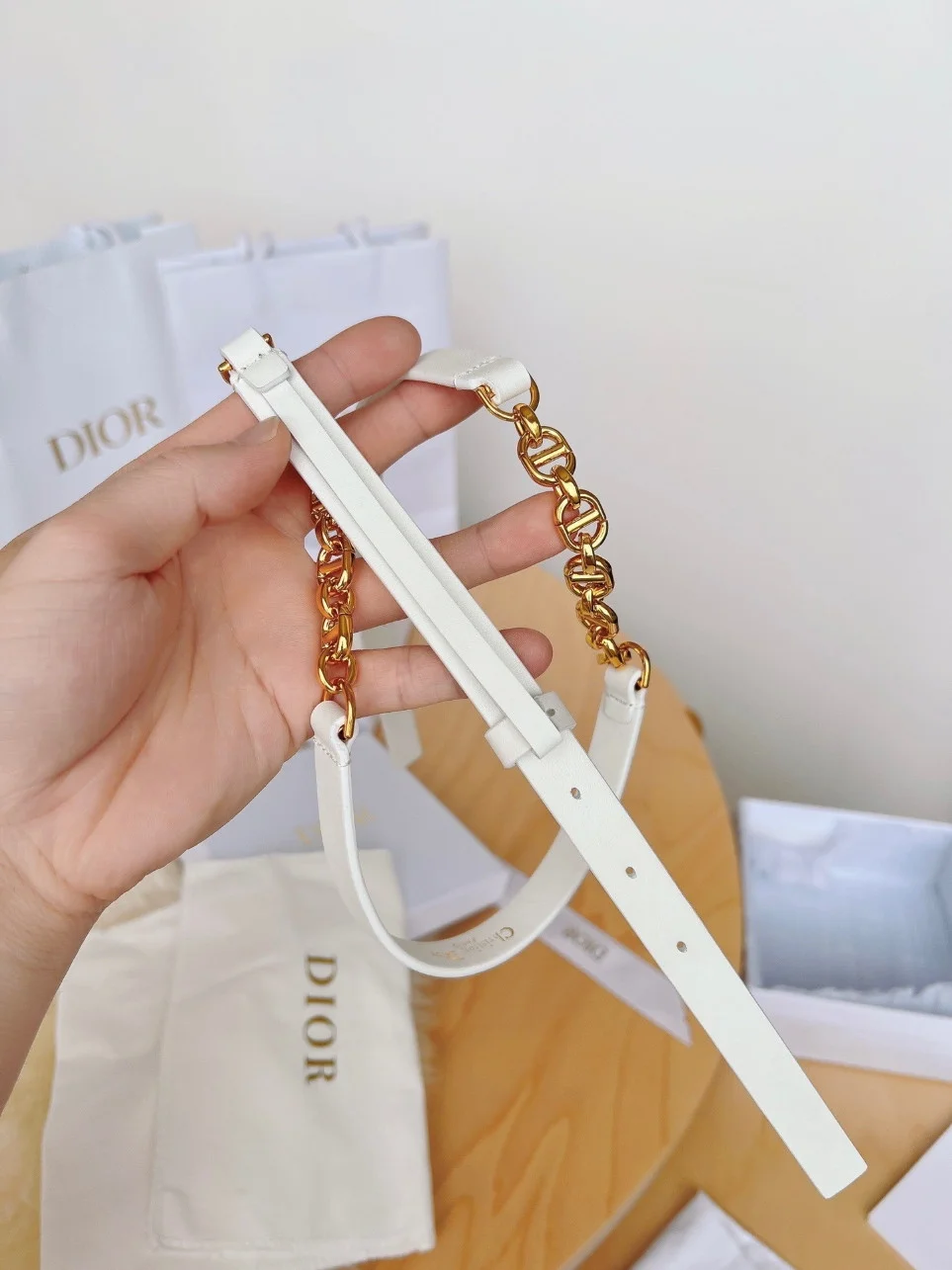 Dior Caro 15MM Belt in White Calfskin and Chain product view 7