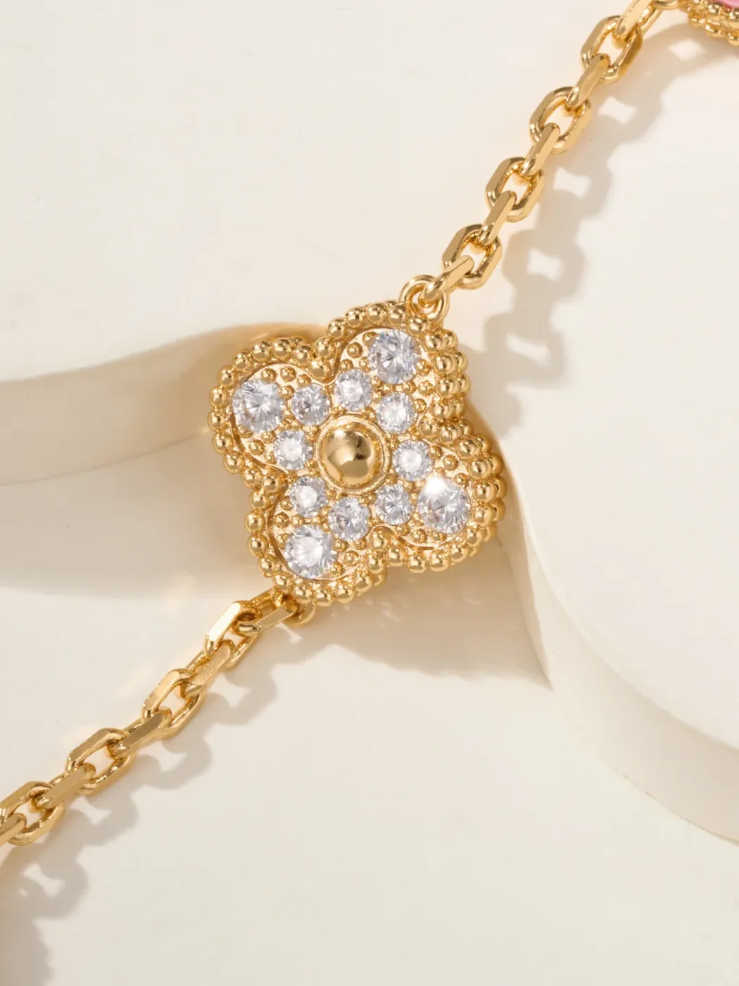 Van Cleef  Arpels Alhambra Pink Clover and Pave-Effect Gold-Tone Bracelet product view 7