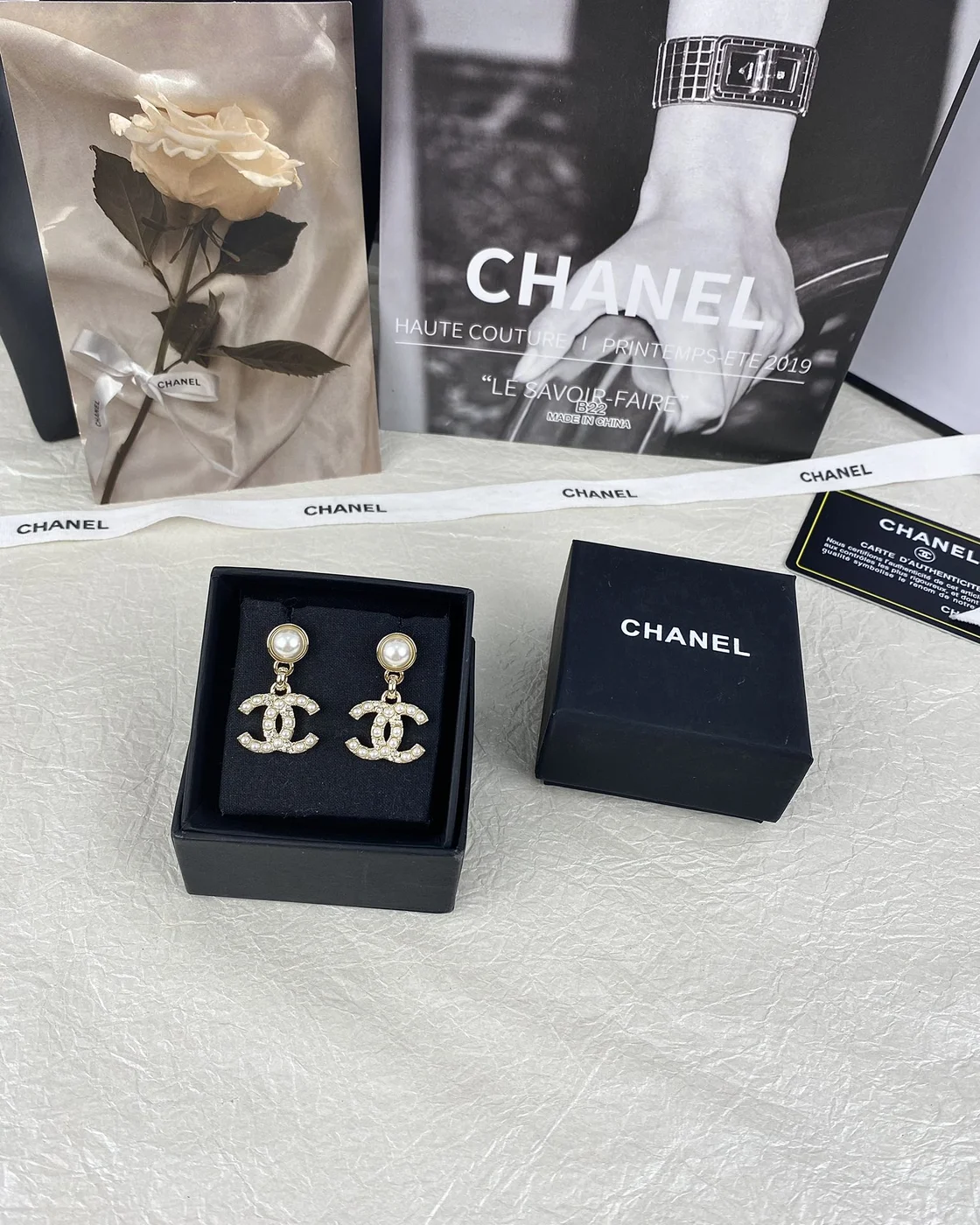 Chanel Pearl-Effect Pavé CC Drop Earrings Gold-Tone product view 6