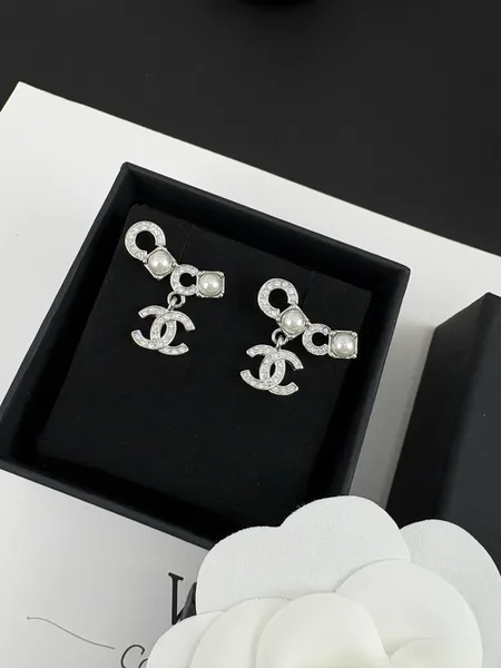 Chanel Pearl-Effect Pavé Coco Drop Earrings Silver-Tone product photo