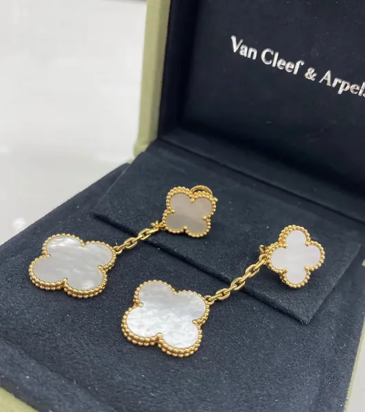 Van Cleef  Arpels Alhambra White Two-Motif Gold-Tone Drop Earrings product view 4