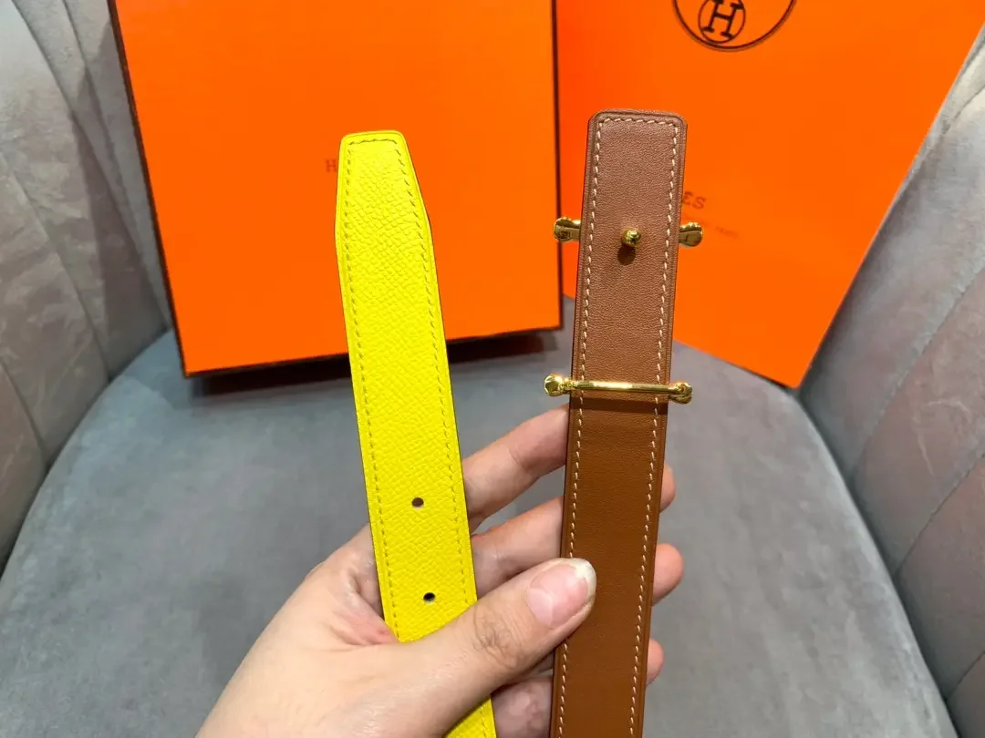 Hermès Yellow/Brown Reversible Belt with Gold-Tone Stirrup-Style H Buckle product view 7