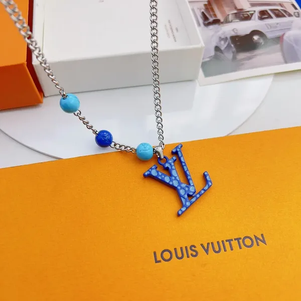 Louis Vuitton Dotted LV Monogram Bead Necklace Silver-Tone with Blue Beads product photo