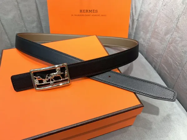 Hermès Taupe/Black Reversible Belt with Silver-Tone Horse-and-Carriage Buckle product view 2