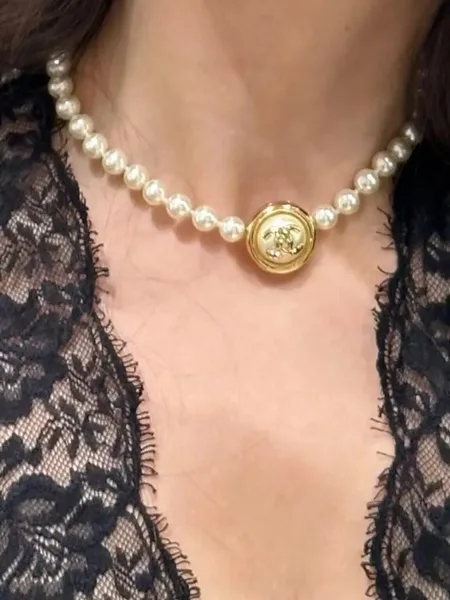 Chanel Pearl-Effect Medallion Choker Necklace Gold-Tone product view 5