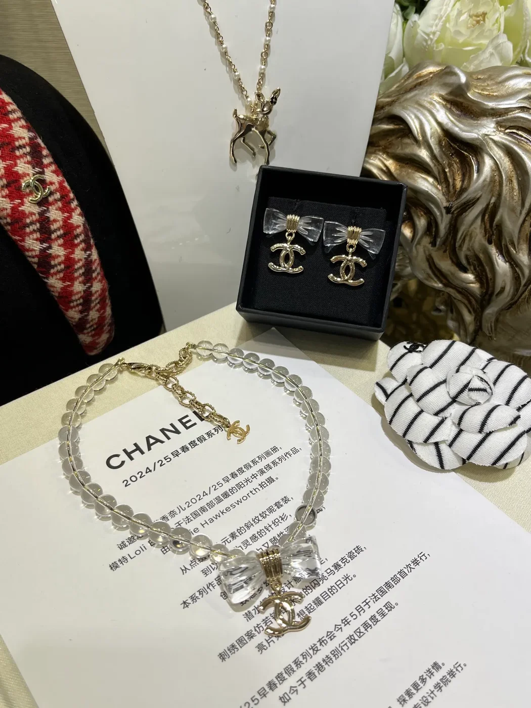 Chanel Clear Bead Bow CC Pendant Necklace Silver-Tone product view 3