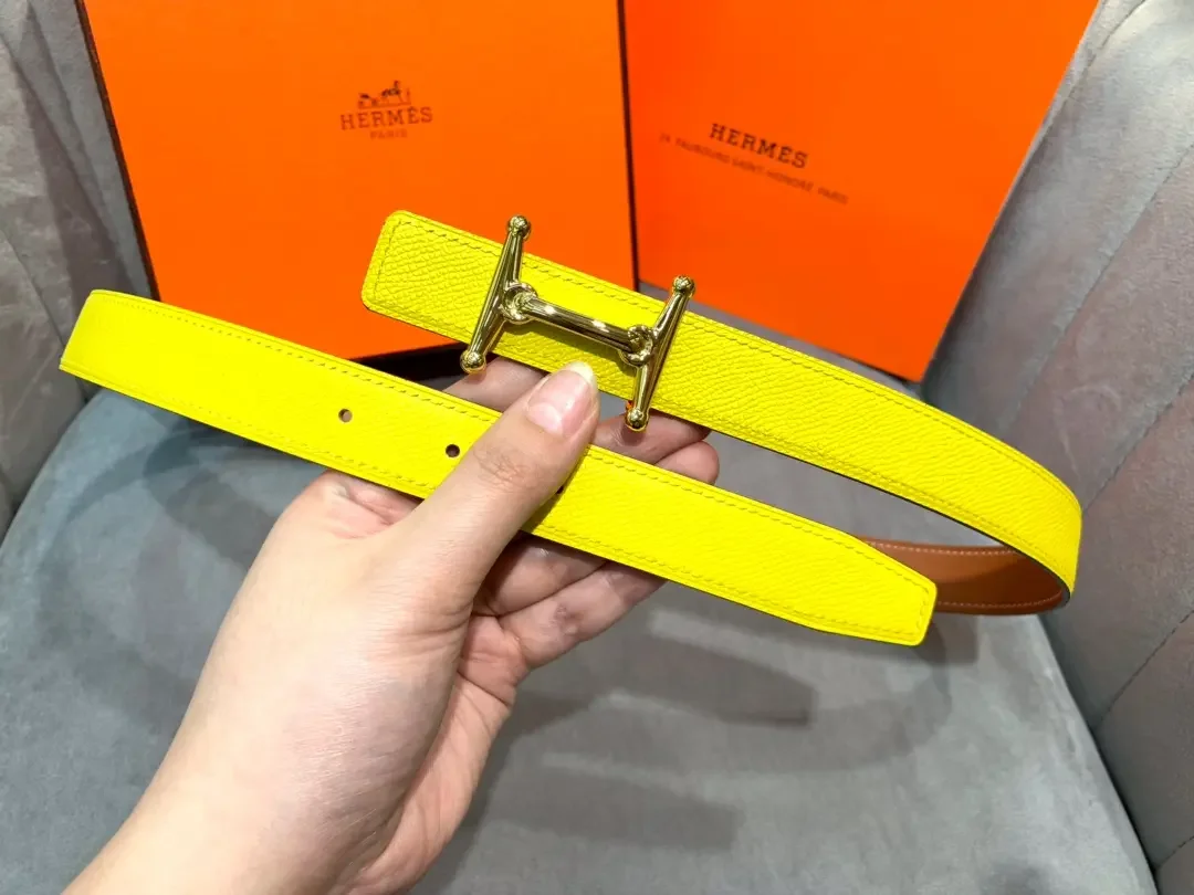 Hermès Yellow/Brown Reversible Belt with Gold-Tone Stirrup-Style H Buckle product view 3