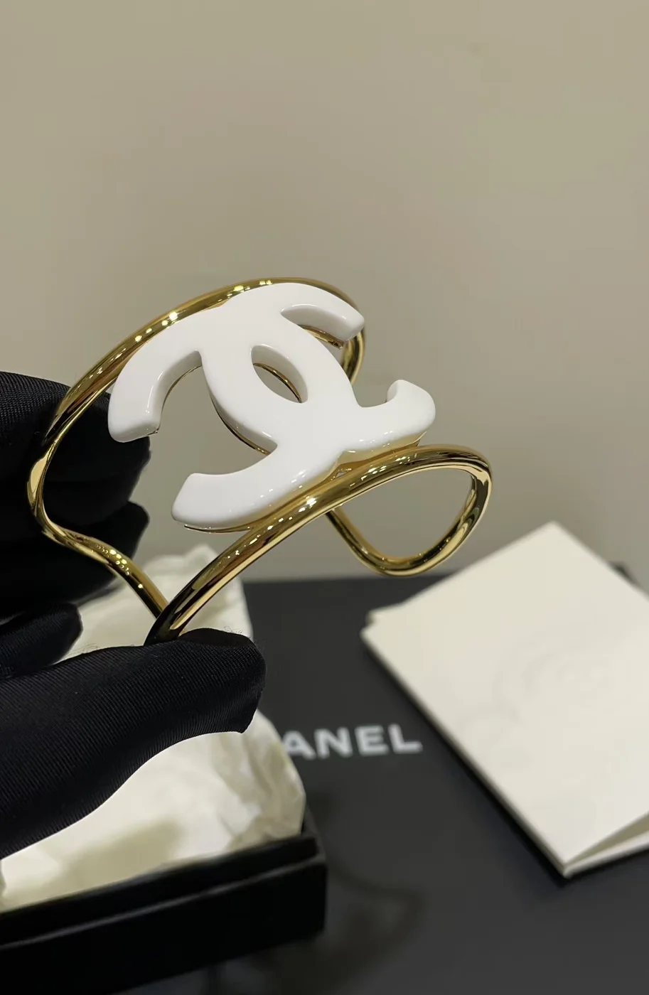 Chanel Wide Enamel CC Open Cuff White and Gold-Tone product view 1