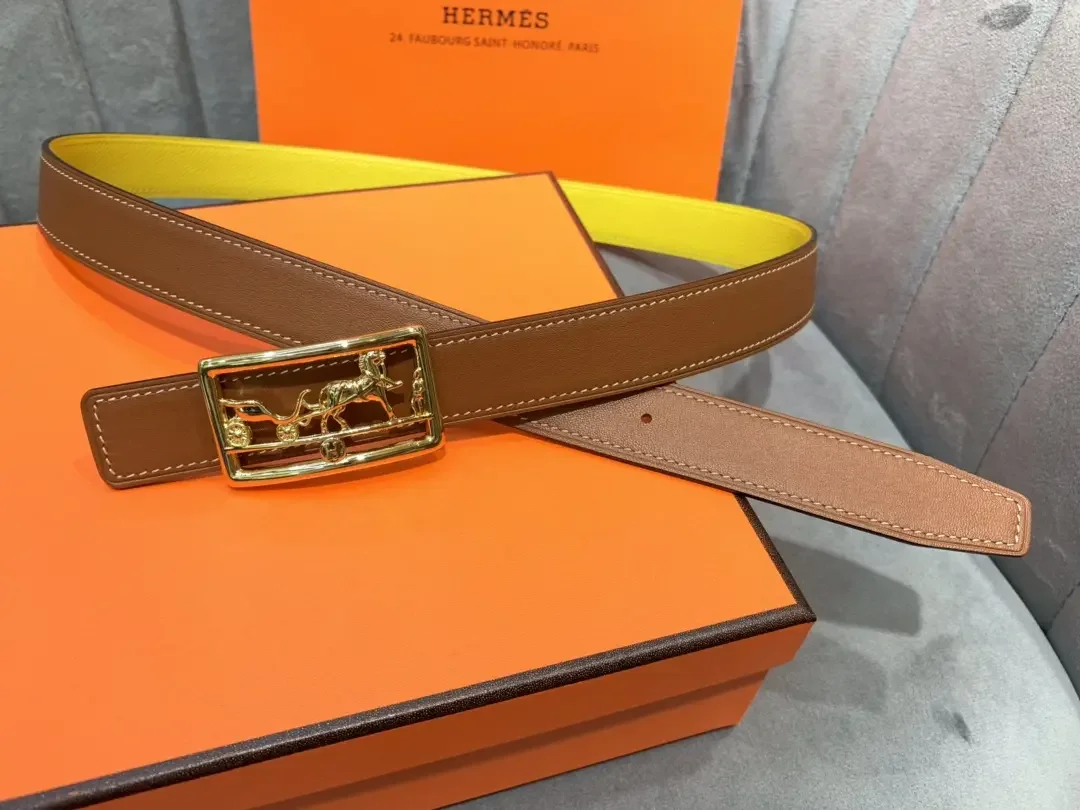 Hermès Yellow/Brown Reversible Belt with Gold-Tone Horse-and-Carriage Buckle product view 2