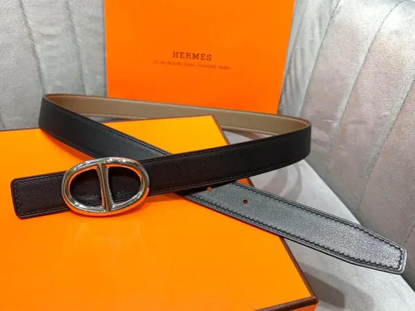 Hermès Taupe/Black Reversible Belt with Silver-Tone Oval Buckle product photo
