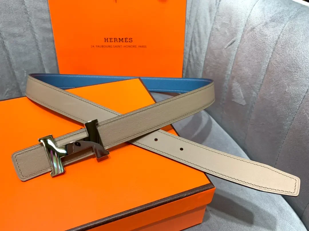 Hermès Blue/Taupe Reversible Belt with Silver-Tone Wide H Buckle product view 1