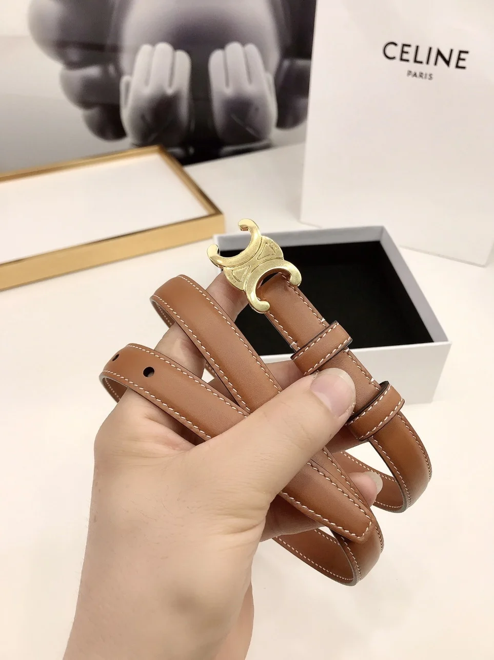 Celine Small Triomphe Belt 18MM in Brown Calfskin product view 7