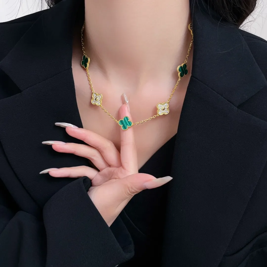 Van Cleef  Arpels Alhambra Green and Pave-Effect Ten-Motif Gold-Tone Necklace product view 9