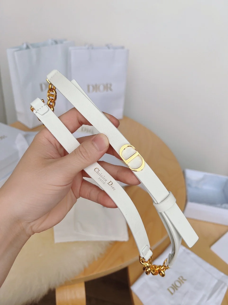 Dior Caro 15MM Belt in White Calfskin and Chain product view 6