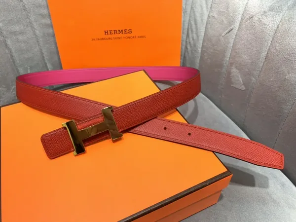 Hermès Red/Bright Pink Reversible Belt with Gold-Tone Wide H Buckle product photo