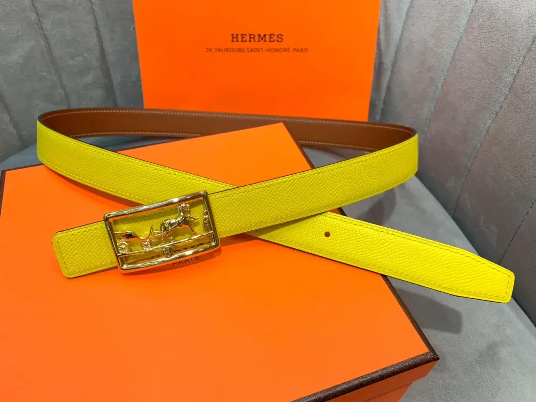 Hermès Yellow/Brown Reversible Belt with Gold-Tone Horse-and-Carriage Buckle product view 1