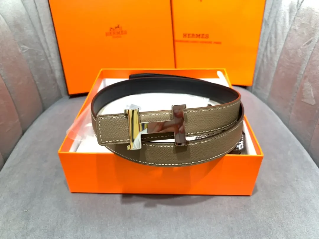 Hermès Taupe/Black Reversible Belt with Gold-Tone Wide H Buckle product view 2