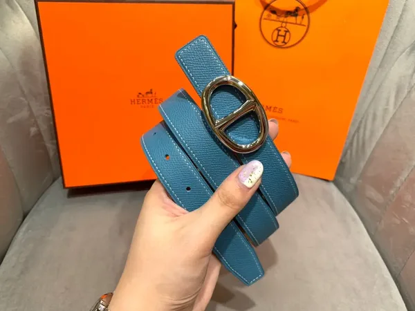 Hermès Blue/Taupe Reversible Belt with Silver-Tone Oval Buckle product view 6