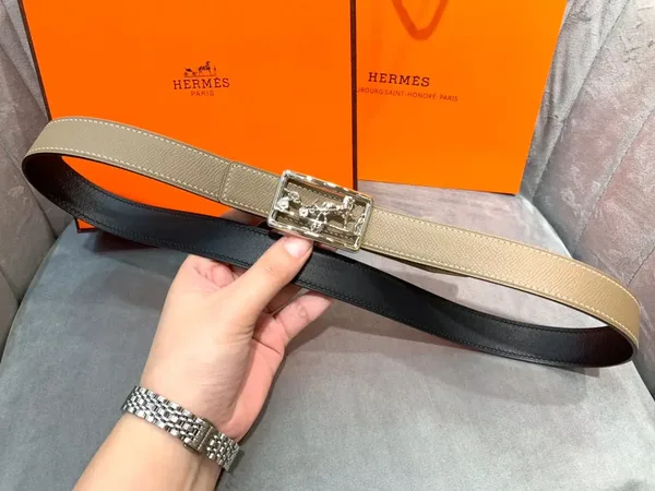 Hermès Taupe/Black Reversible Belt with Silver-Tone Horse-and-Carriage Buckle product view 6