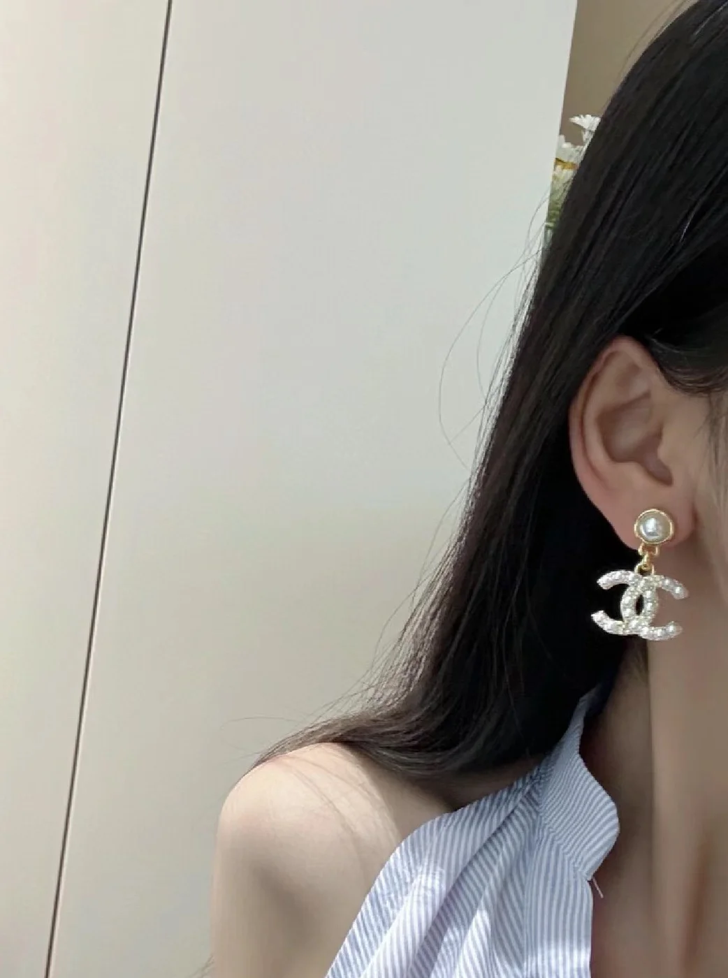 Chanel Pearl-Effect Pavé CC Drop Earrings Gold-Tone product view 2