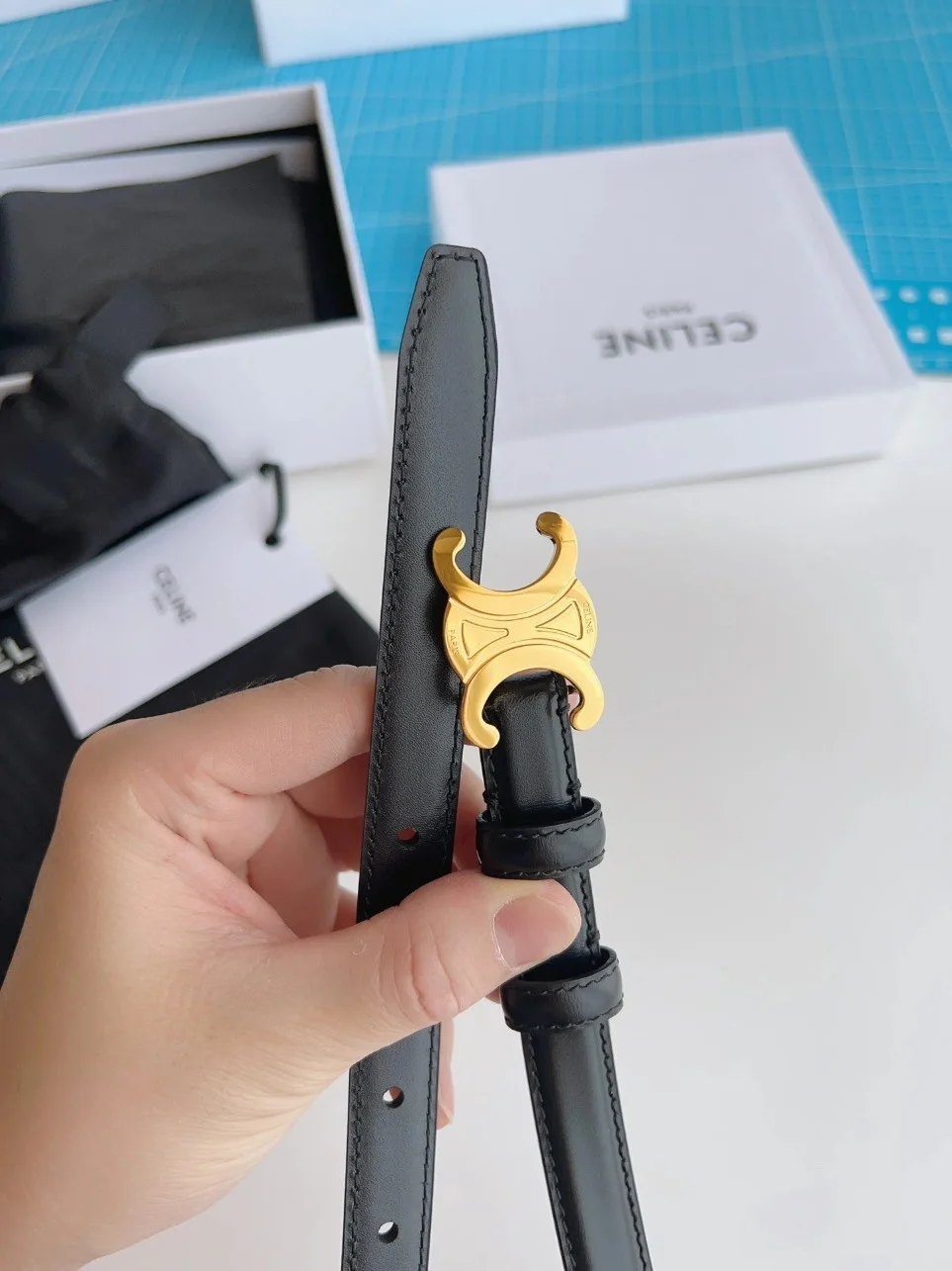 Celine Small Triomphe Belt 18MM in Black Calfskin product view 4