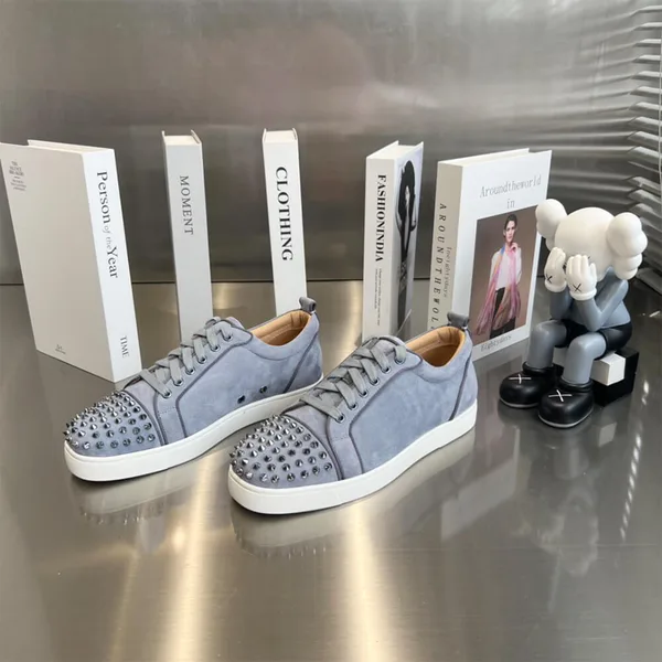 Christian Louboutin Louis Junior Spikes Suede-Effect Sneakers Grey with White Sole product view 2