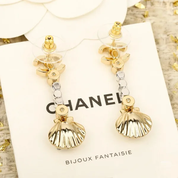 Chanel Rhinestone Shell Drop Earrings Gold-Tone product view 4