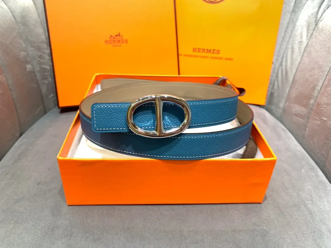 Hermès Blue/Taupe Reversible Belt with Silver-Tone Oval Buckle product view 2