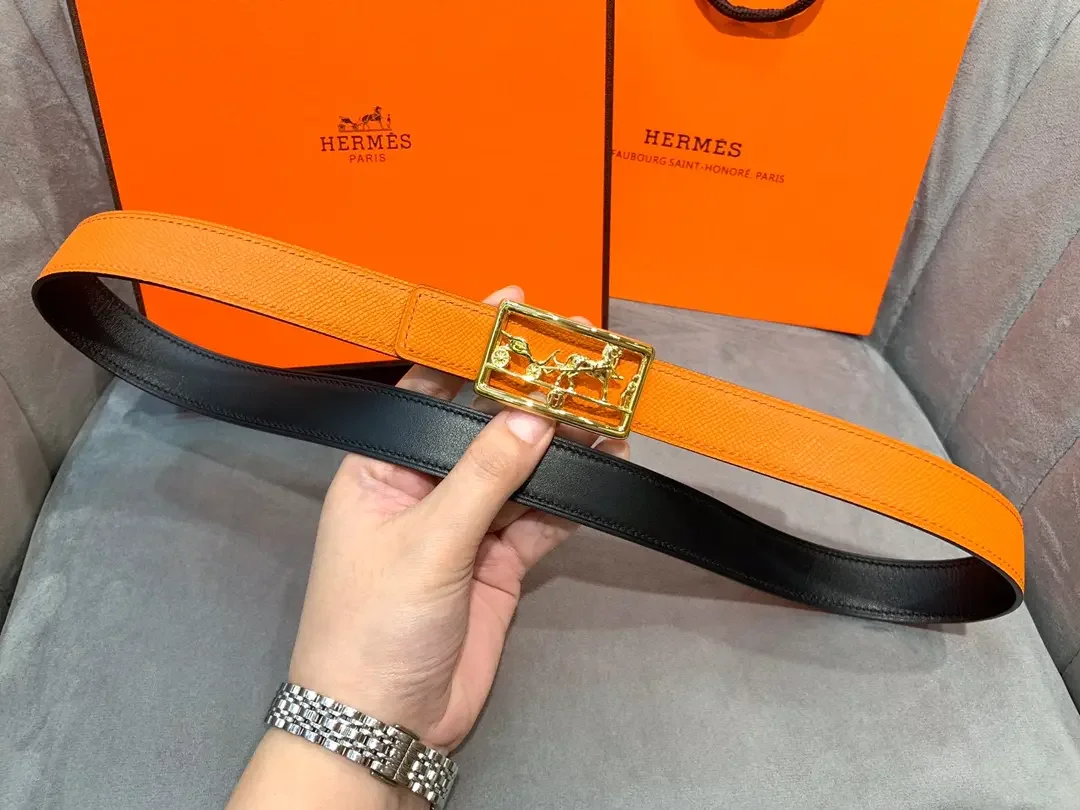 Hermès Orange/Black Reversible Belt with Gold-Tone Horse-and-Carriage Buckle product view 6