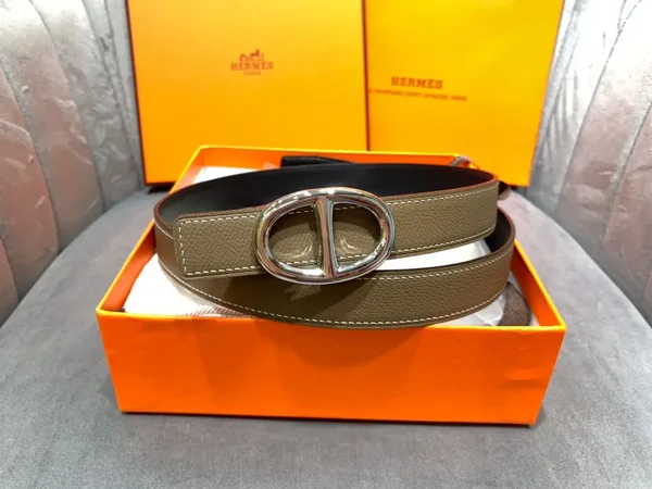 Hermès Taupe/Black Reversible Belt with Silver-Tone Oval Buckle product view 2