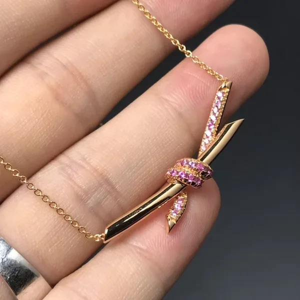 Tiffany  Co. Knot Pink Pavé-Effect Pendant Necklace Rose-Tone product view 3